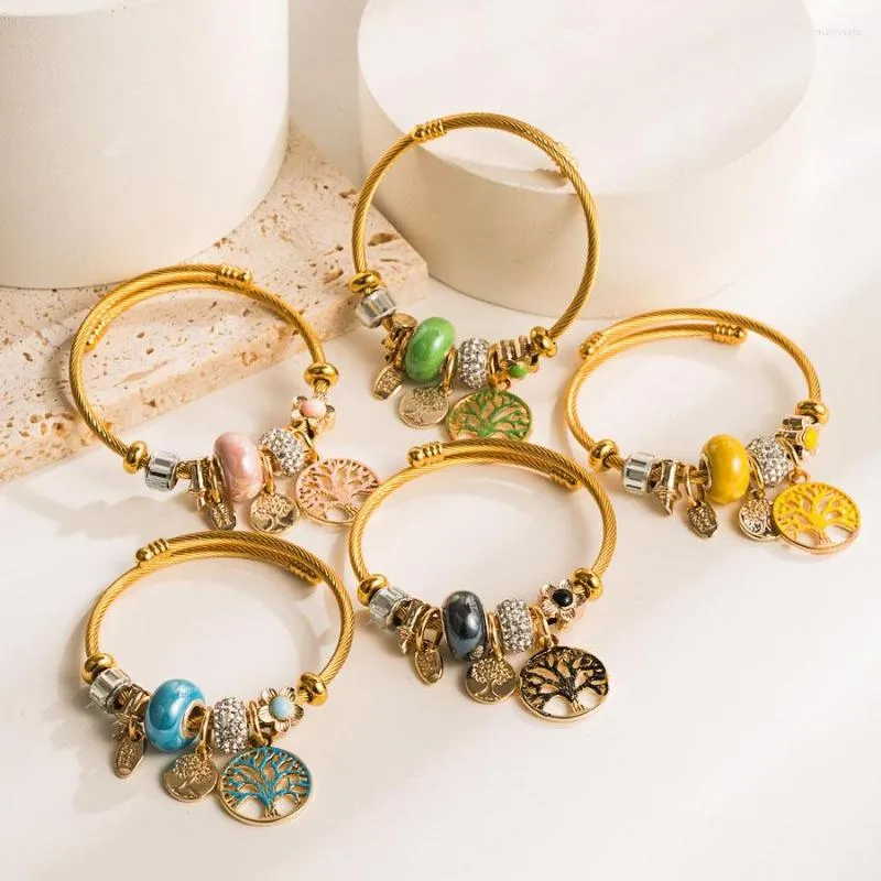 Brazalete dorado de acero inoxidable, brazaletes con dijes para niñas, árbol de la vida, pulseras colgantes de la suerte, joyería, regalos de vacaciones adecuados