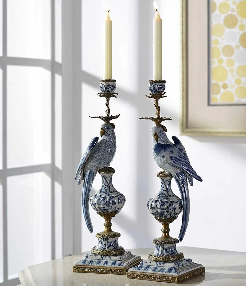 Candle Holders Pure Copper Candlestick Ornaments Blue And White Ceramic Parrot Classic Home Crafts