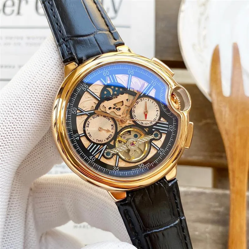 Montres pour hommes Bracelet de montre en cuir de veau de mode de haute qualité Phase de lune daydate mécanique montre-bracelet automatique e195y