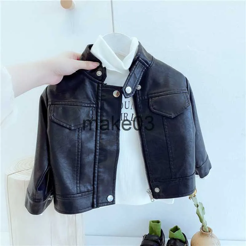 Jackor Fashion Boy Outerwear New Spring Autumn Winter Boy Pu Jacka Barn varm sammet foderrock för pojkrock J230728