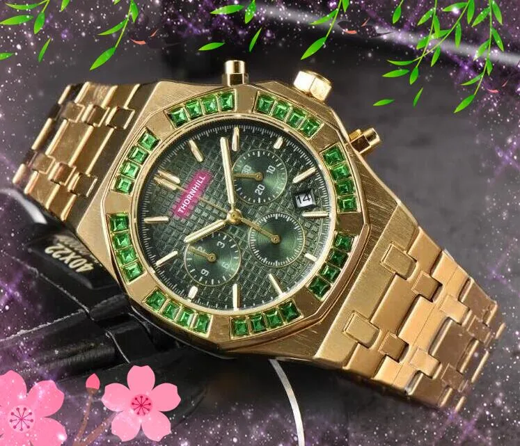 Seis agujas de colores grandes diamantes anillo reloj 42 mm subesferas trabajo moda reloj para hombre Alta calidad Deporte Japen VK Cronógrafo de cuarzo al por mayor regalos de los hombres reloj de pulsera