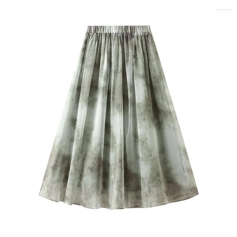 Skirts National Style Retro Ink Painting Halo Dyed Organza Half Body Skirt For Women Summer Long Gauze