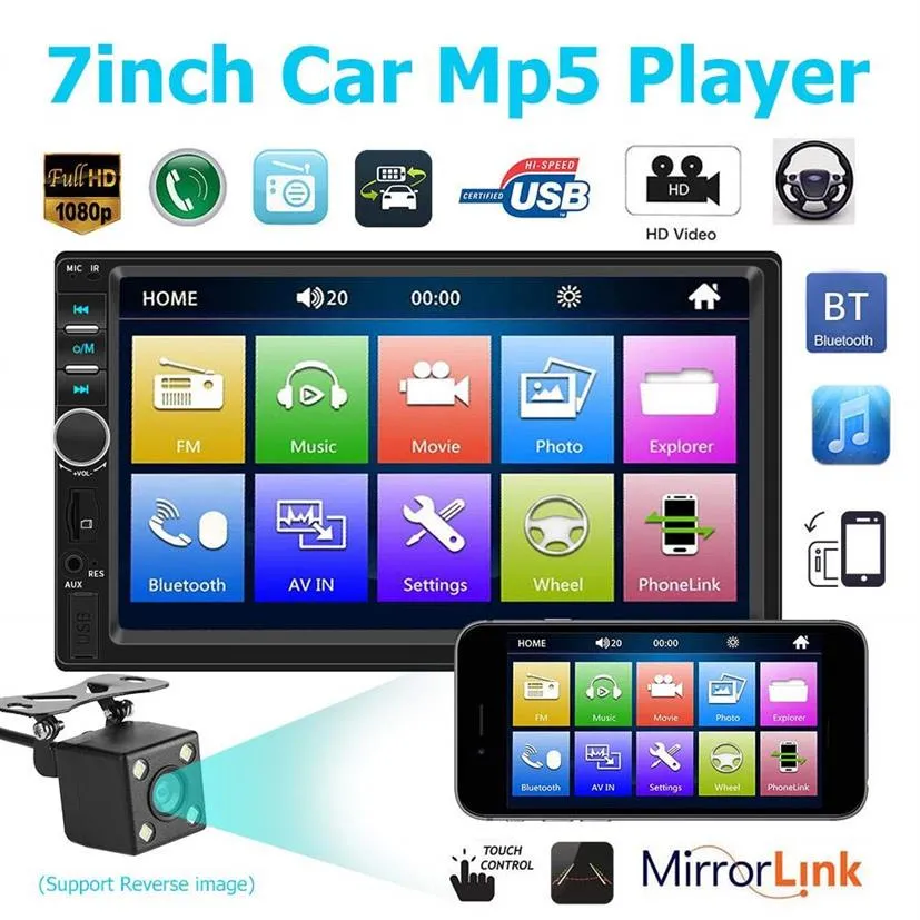 7 Inch 2 Din Bluetooth Car Video Mp5 Radio Player Mirror Link Steering Wheel Control Rear View Camera Optional228T