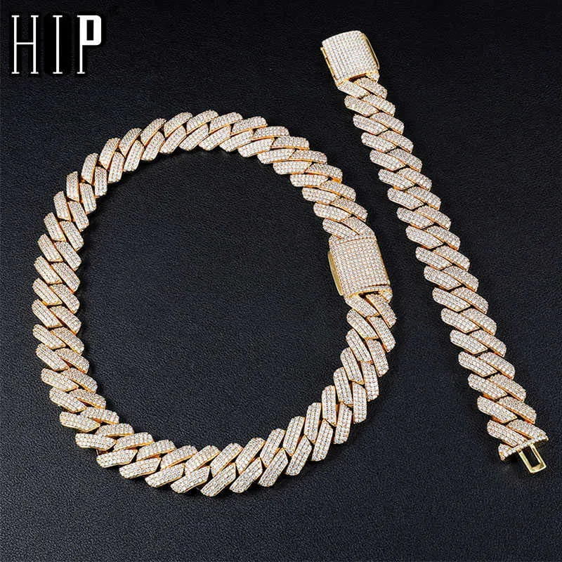 Hip Hop 19mm 3 rangées lourdes broches cubaines Bling glacé boîte boucle cuivre réglage Aaa + 2 ensemble chaîne Bracelet pour hommes bijoux