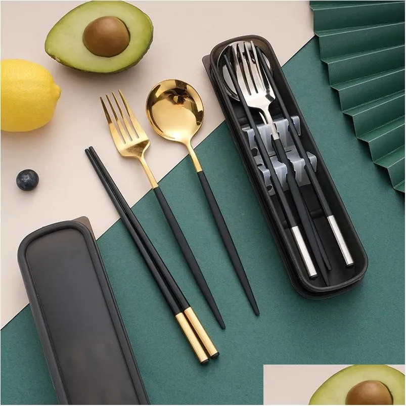 Dinnerware Sets Gold Portable Stainless Steel Spoon Cutlery Set 3Pcsor4Pcs Fork Alloy Chopsticks Work Travel Box Wedding Gift Drop D Dh8If