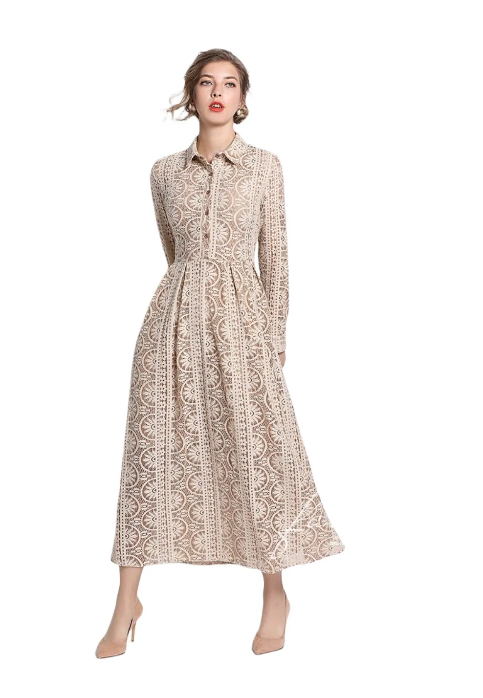 Long sleeve collar dress womens crochet lace hollow-out high waist maxi  dress from Dhgate Basic & Casual Dresses - price 54.31