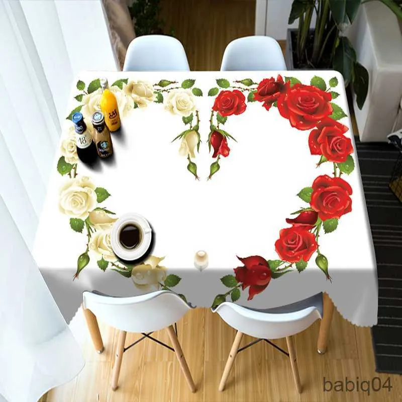 Table Cloth Red Rose Flower Pattern Tablecloth Wedding Decoration Rectangle Kitchen Tablecloth Home Party Decoration Fireplace Countertop R230726