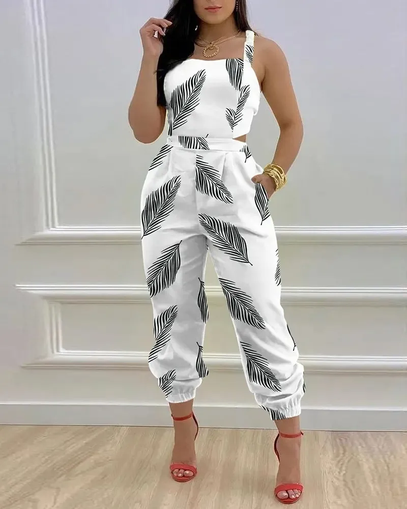 Dames Jumpsuits Rompertjes Dames mouwloze en rugloze straatkleding sexy club night jumpsuit bedrukt kantoor dames zomer jumpsuit 230727