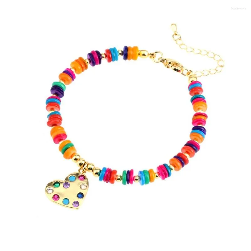 Pulseras con dijes Bohemia con incrustaciones de diamantes de imitación amor corazón colgante pulsera para mujer personalidad esmalte conchas cuentas joyería