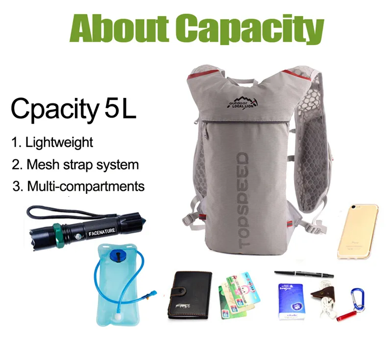 5L Lightweight Running Backpack Outdoor Sports Trail Racing Marathon Hiking Fitness Bag Hydration Vest Pack For Men Women With 1.5L Bag Or 500ml