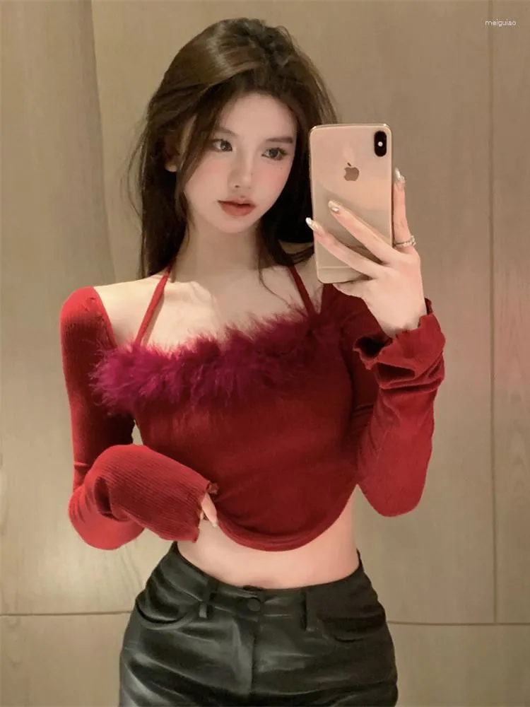 Women's T Shirts Sweet Fashion Long Sleeve Fur Collar Knitted Top Slim Fit Crop For Women Y2k Girl Casual Summer Autumn T-shirt