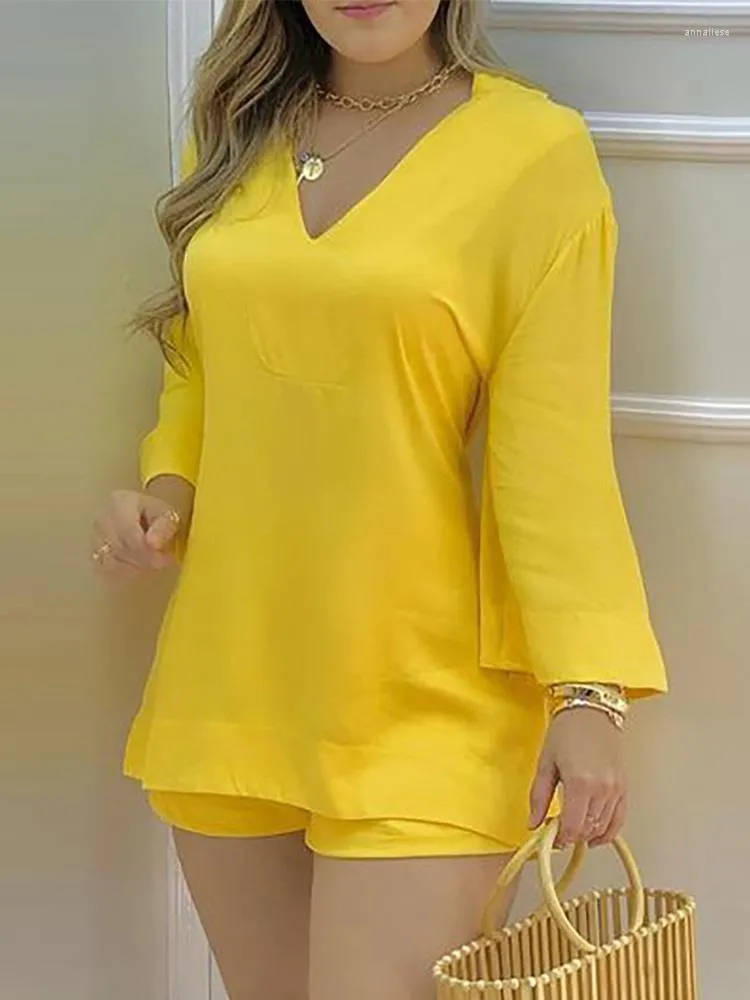 Survêtements pour femmes Plaine Bell Sleeve V-Neck Top Shorts Set Casual Women Two Piece