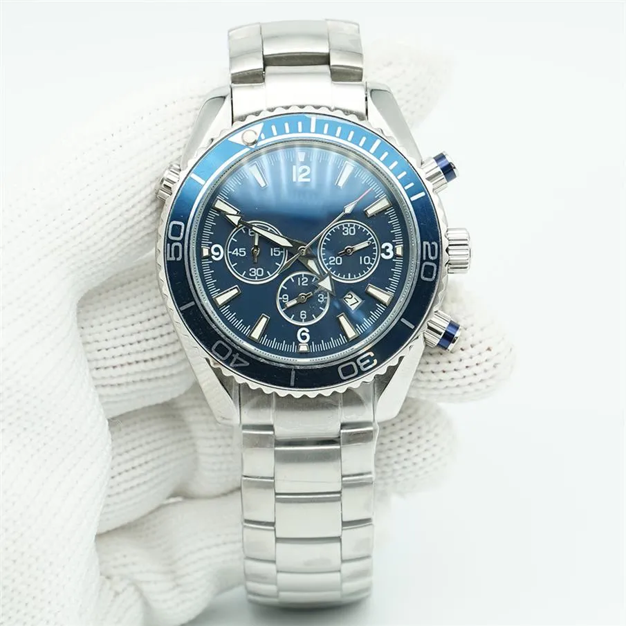 Blue Dial Meter Watch 44mm Quartz Chronograph Diver 600m Rostfritt stål Glas baksida Sport havsmän klockor290s