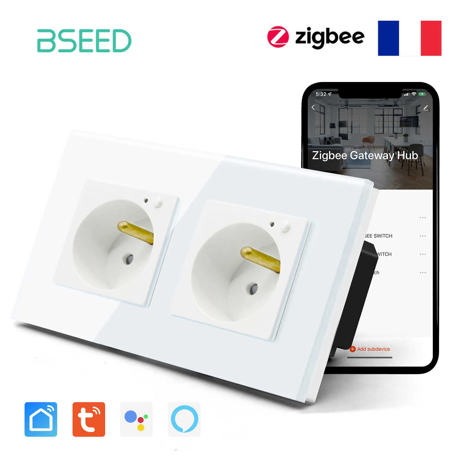 Smart Power Plugs Bseed Zigbee Sockets Wall Double French Sockets Frystal Glass Support Tuya Smart Life App 16a Power Smart Sockets HKD230727