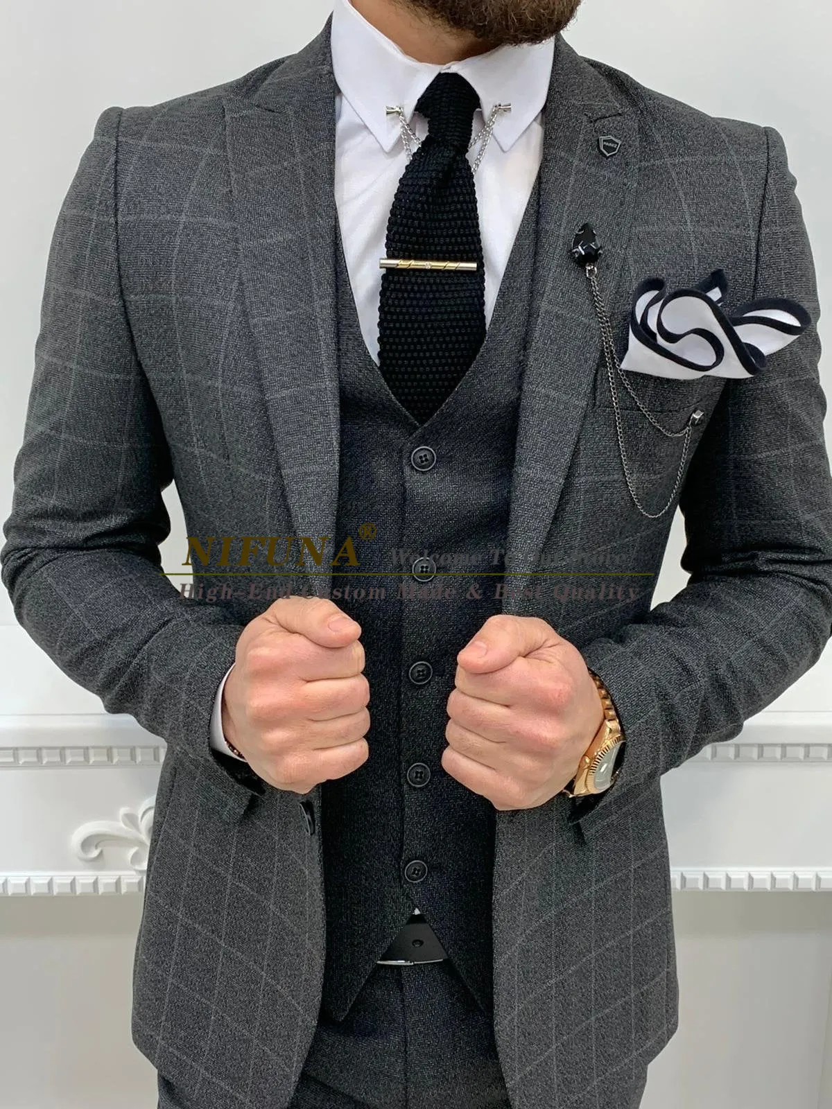 Мужские костюмы Blazers Fashion Dark Grey Plaid 3pcs Men Wedding Prom Tuxedo PartyEvening Ужин и деловые повседневные наборы мужского пиджака 230728