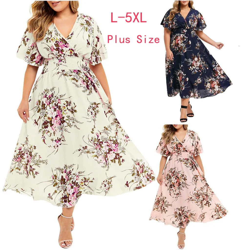 Grundlegende Freizeitkleider Mode Plus Größe 3XL 4XL 5XL Frauen Kleid Blumen Chiffon Blumenkleid Böhmische Strand Sommerkleider Urban Gypsy Ropa Vestidos 230728