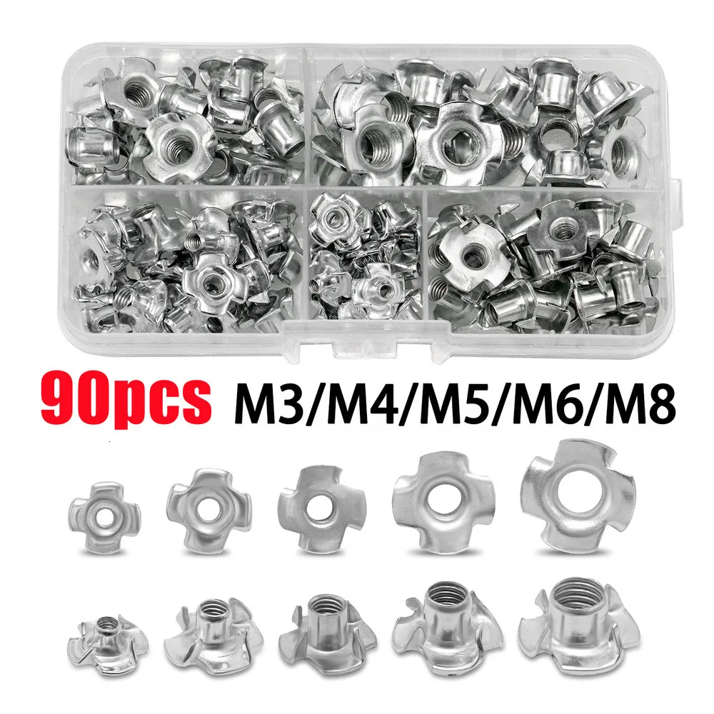 Peças de ferramentas 90pcs quatro garras pontiagudas S er Nut M3 M4 M5 M6 M8 inserções cegas zincadas para móveis de madeira rebites fixadores 230727