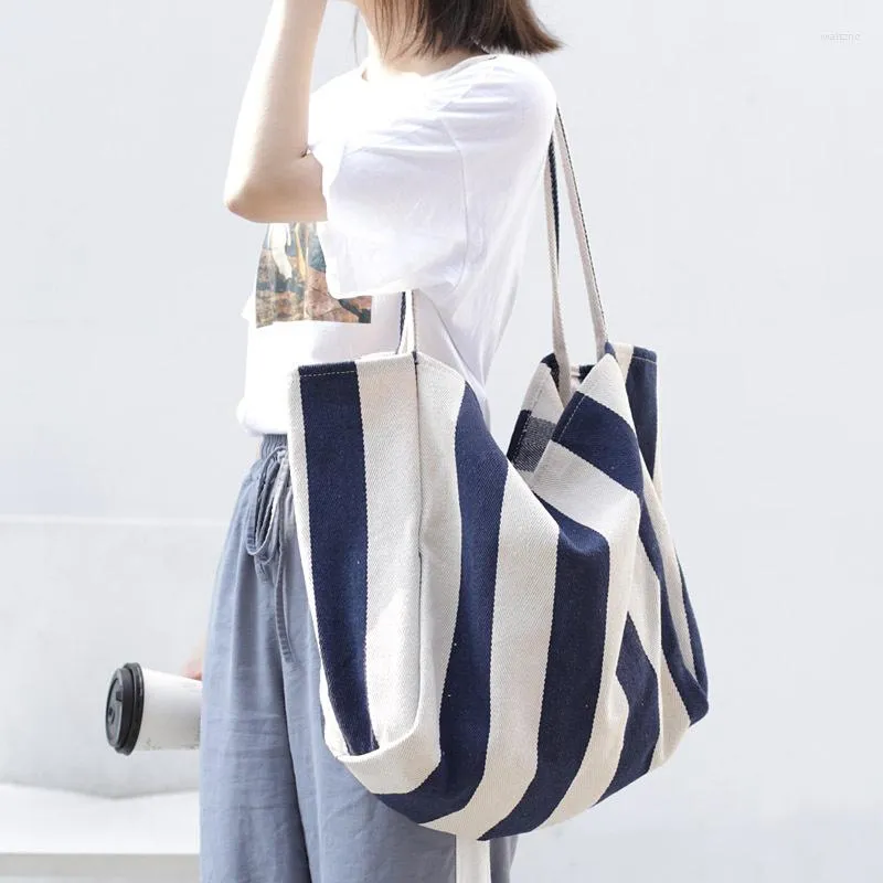 Sacs à provisions 2023 Stripe Canvas Women Shoulder Réutilisable Casual Tote Femme Sac à main