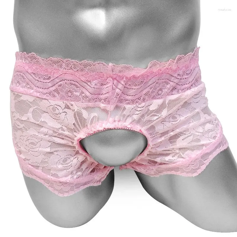 Underbyxor crotchless sissy spets trosor sexiga underkläder för herrboxare underkläder ren tunna ruffles roliga gay manliga boxare shorts