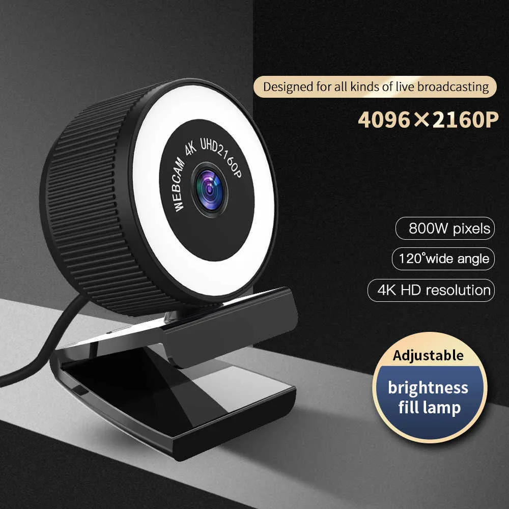 Webcams 4K Grande Angular Webcam para Câmera Web de Computador com Microfone Web Lâmpada de Brilho Ajustável