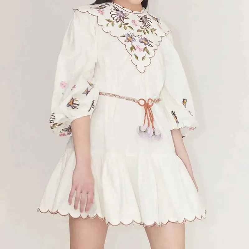 2023 Women's Fashion Designer Luxury Printed Spring Dress Small Round Neck White Bubble Sleeve Women's Dress