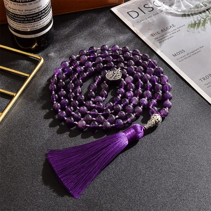 Chokers 8mm Natural Amethyst Pärlor Knutade 108 JAPA MALA ROSARY NECKLACE MEDITATION BURN YOGA SMycken för män och kvinnor 230728