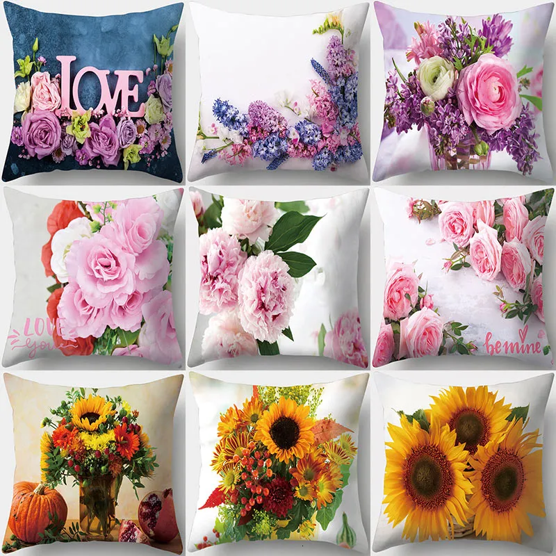 Cushion Decorative Pillow 45x45cm Pink Rose Flower Pattern Decorative Cushions Pillowcase Polyester Cushion Cover Throw Sofa Decoration Pillowcover 230727