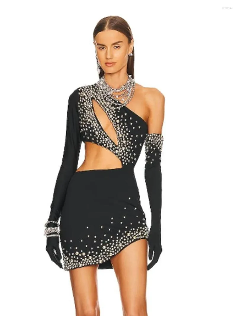 Casual Black Sexy Womens One Shoulder Long Sleeve Hollow Out Beaded Glove  Bandage Mini Bodycon Dress Celebrity Party Evening from Dhgate Basic &  Casual Dresses - price 78.98