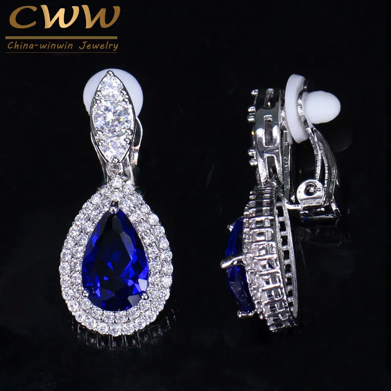 Ушная манжета Cwwzircons Fashion Women White Gold Color Dangle Cz Королевский синий кристалл