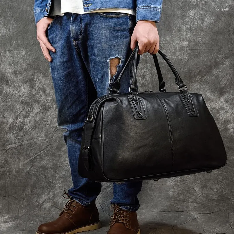 Sacs polochons en cuir véritable sac de voyage pour hommes grande capacité noir sac à main couche supérieure peau de vache épaule 20 pouces bagages Fitness