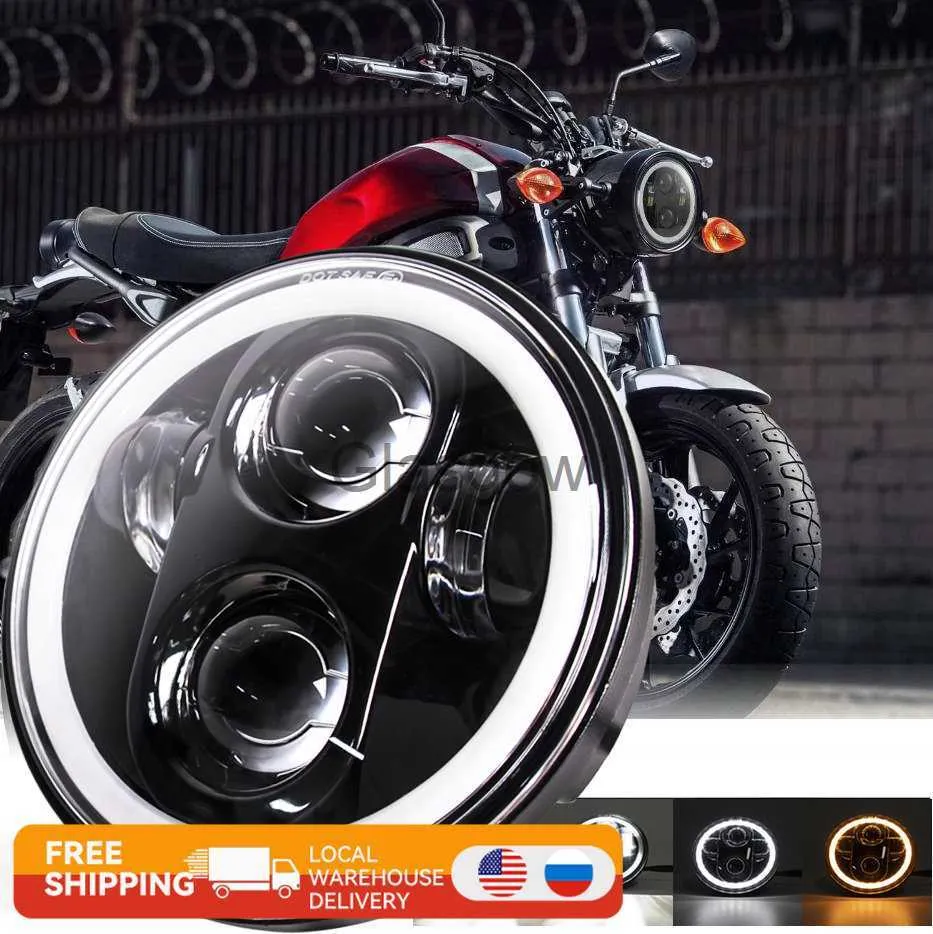 Motorradbeleuchtung Scheinwerfer 575 Zoll Schwarz Halo Angel Eyes LED für Harley Sportster 1200 883 Street Softail Dyna 534" Projektor Runder Scheinwerfer x0728