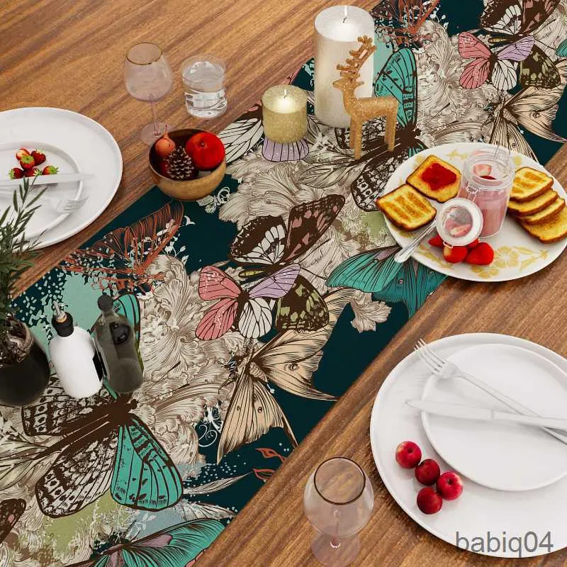 Toalha de mesa Corredor de mesa retrô padrão de borboleta resistente toalha de mesa proteção de mesa festa reunião em casa decoração de férias R230726