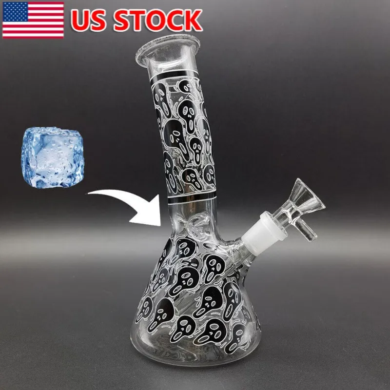 8 inch Glass Bong Black Skull Printed Hookah Smoking Water Pipes Bongs + Bowl