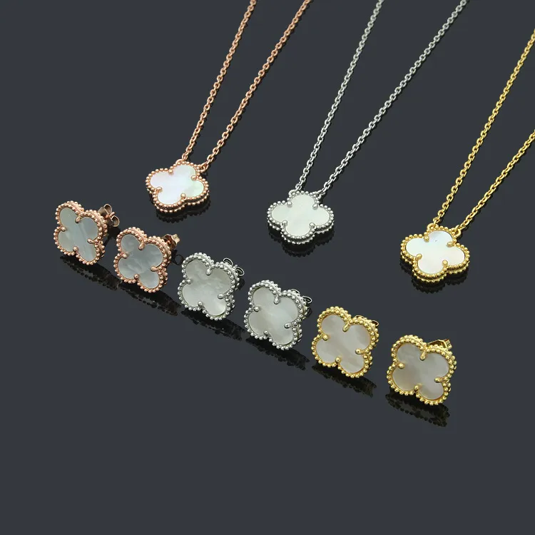 Luxury Logo engrave flower shell pendant necklace earrings 18K gold rose silver 316L Stainless Steel white Love Jewelry set Women girl 45cm extender 5cm