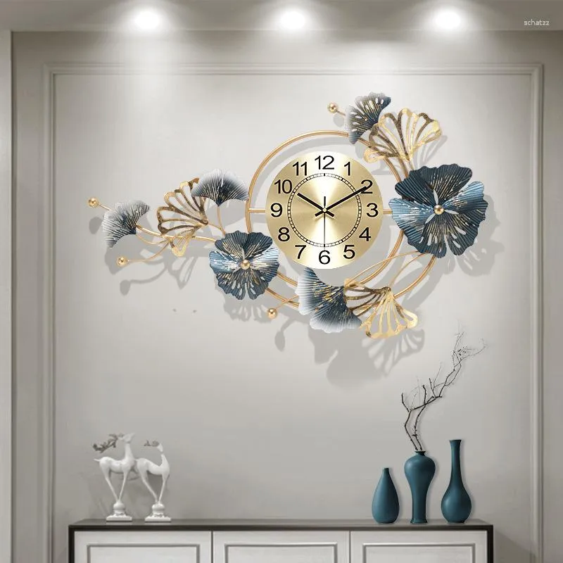 Orologi da parete in metallo Foglia di ginkgo Grande orologio Casa Soggiorno Decorazione creativa moderna Orologio al quarzo silenzioso Camera da letto