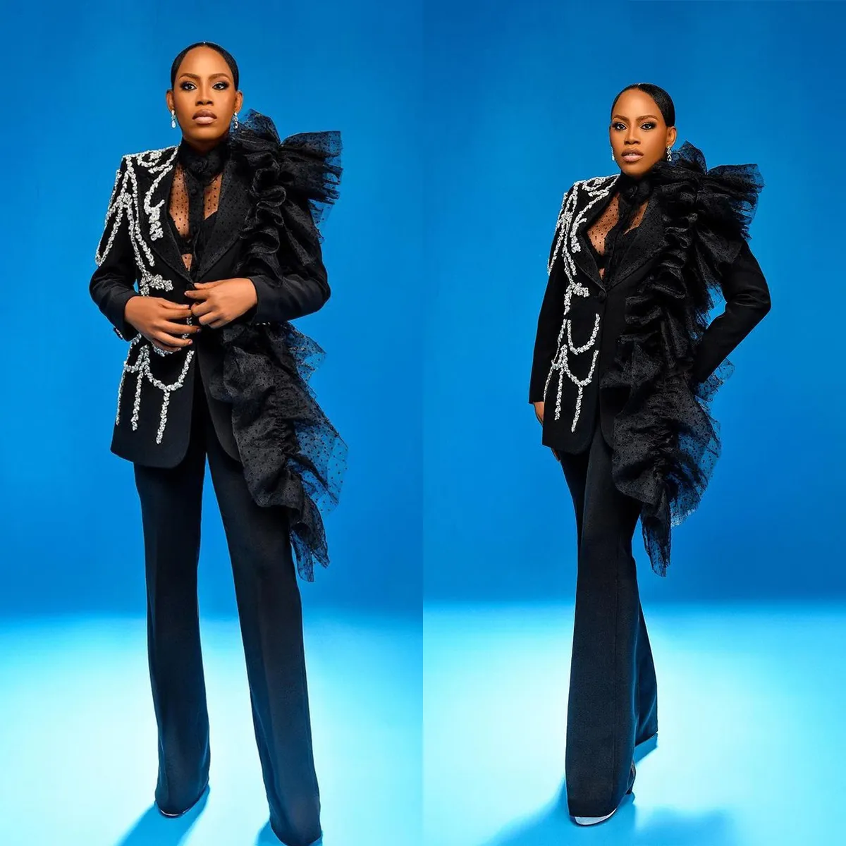 Save Big on Bulk Black Prom Dress With Ruffles Black Pants Suit Ladies:  Designer Crystal Beading Ruffle Formal Pant Suit Women's Party Prom Evening  - Main Image