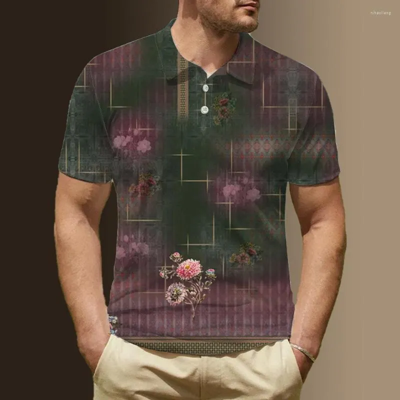 Herrpolos affärspolo skjorta blommor mönster kort ärm hawaiian skjortor casual streetwear män kläd tees hög kvalitet topp