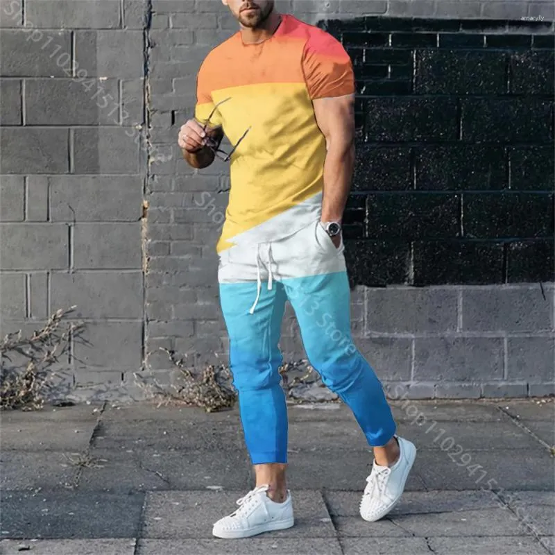 Hommes Survêtements 2023 Hommes Survêtement À Manches Courtes T-shirt Pantalon 2 Pièce Ensemble Tenue Surdimensionné Jogger Sportswear 3D Couleur Imprimer Pantalon Costume