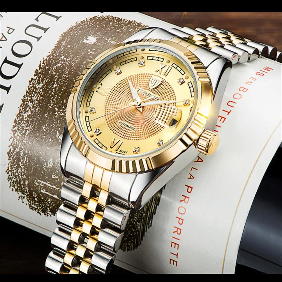 Tevise Fashion Automatic Men Watch 빛나는 기계적 시계 골드 다이얼 골격 남성 시계 비즈니스 남자 손목 시계 214Q