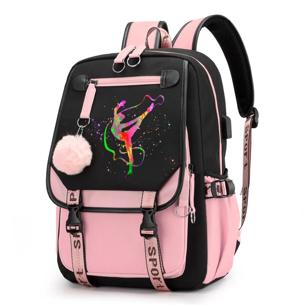 Schultaschen, Aquarell-Gymnastik-Schultaschen für Mädchen im Teenageralter, USB-Anschluss, Schultasche, Tanz-Mädchen, Studentin, Büchertasche, Rosa, Schwarz, Schulrucksäcke 230727