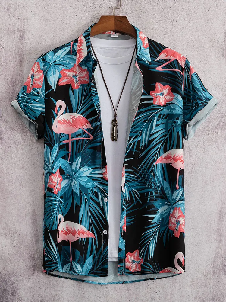 Men's Dress Shirts Hawaiian Shirt Men Fashion Flower Geometric Printed Blouse Single-breasted Beach Short SleeveTops Men's Holiday Clothing 230727