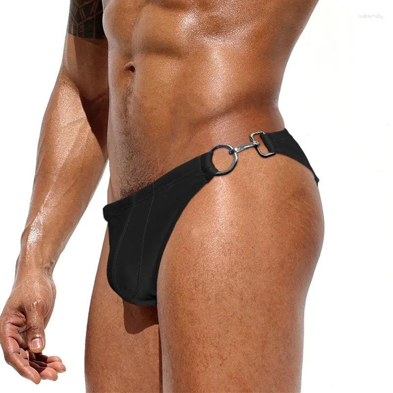 Roupa de banho masculina Cuecas de biquíni de banho sexy para homens Calções de banho com trava de metal Gay Maiô Maiô Shorts de praia Mini Slip Seobean 2023