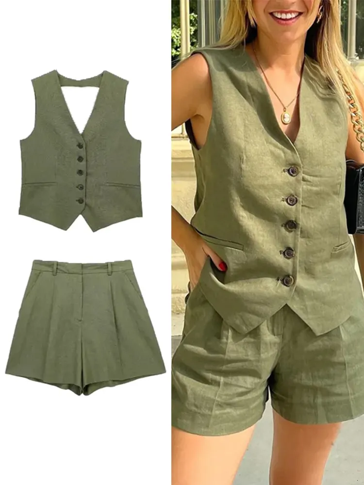 Vrouwen Tweedelige Broek TRAF Vrouwen Effen Vest Blazer Sets Zomer V-hals Single Breasted Jas A-lijn Rits Korte Broek Causale Basis Pakken 230729