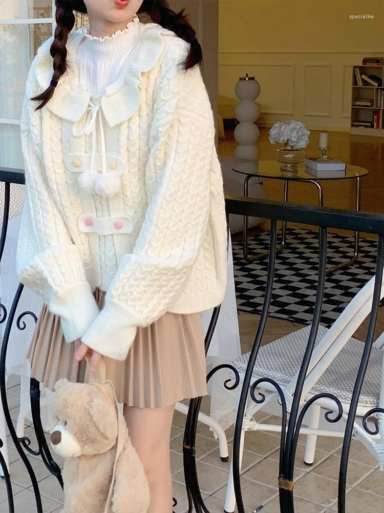 Pulls pour femmes Automne Blanc Kawaii Femmes Collège Style Bouton Designer Doux Tops Femme À Manches Longues Bandage Chic Casual Cardigan 2023