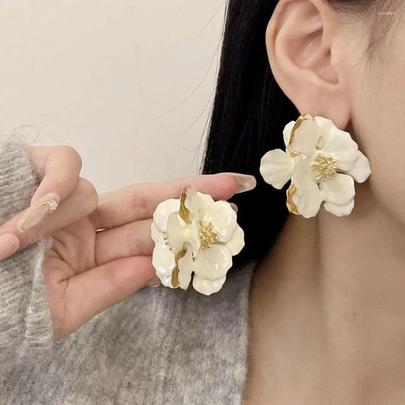 Stud Earrings Retro Lady Dripping Oil Copper Party Temperament Korean Style Jewelry Women Big Flower Fresh