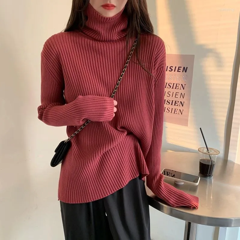 Kadın Sweaters Düz Renkli Şarap Kırmızı Kadın Sonbahar Giysileri Kore Moda Tululmalar İçin Örtme Moda Blugleneck 2023Winter Tops