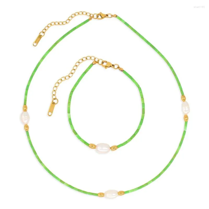 Pendientes de collar Conjunto de cuentas verdes usenset joya de joyería barroca perla acero inoxidable de acero hecho a mano
