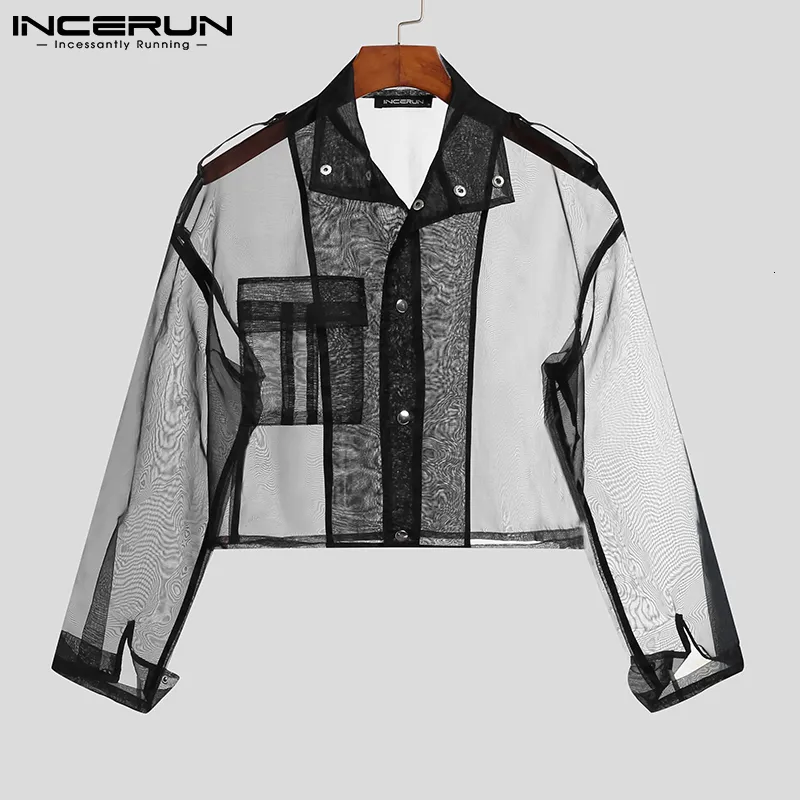 Camisas Casuais Masculinas INCERUN Fashion Men Mesh Shirt See Through Lapel Manga Longa Sexy Streetwear Button Crop Tops 2023 Party Nightclub Camisas 5XL 230729