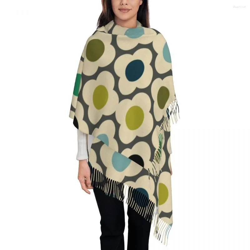 Cachecóis Orla Kiely Flores Cachecol Abstrato com Borla Feminino Xales Geométricos Macios Envoltórios Feminino Inverno