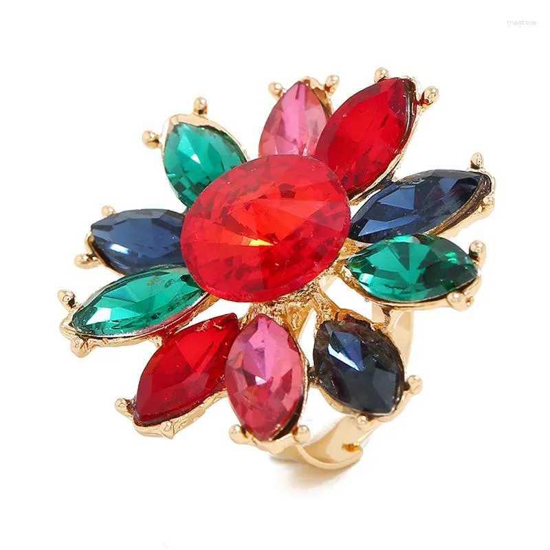 Cluster Anneaux Exagéré Mode Or Couleur Grand Strass Coloré Fleur En Forme De Déclaration Réglable Grosse Bague Pour Femmes Hommes Bijoux